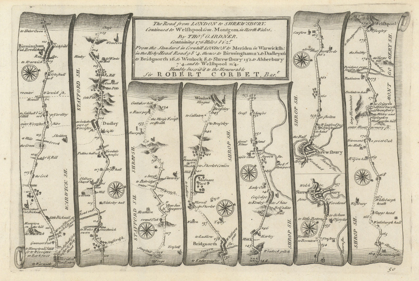 Birmingham - Bridgnorth - Shrewsbury - Welshpool. GARDNER road map #50 1719